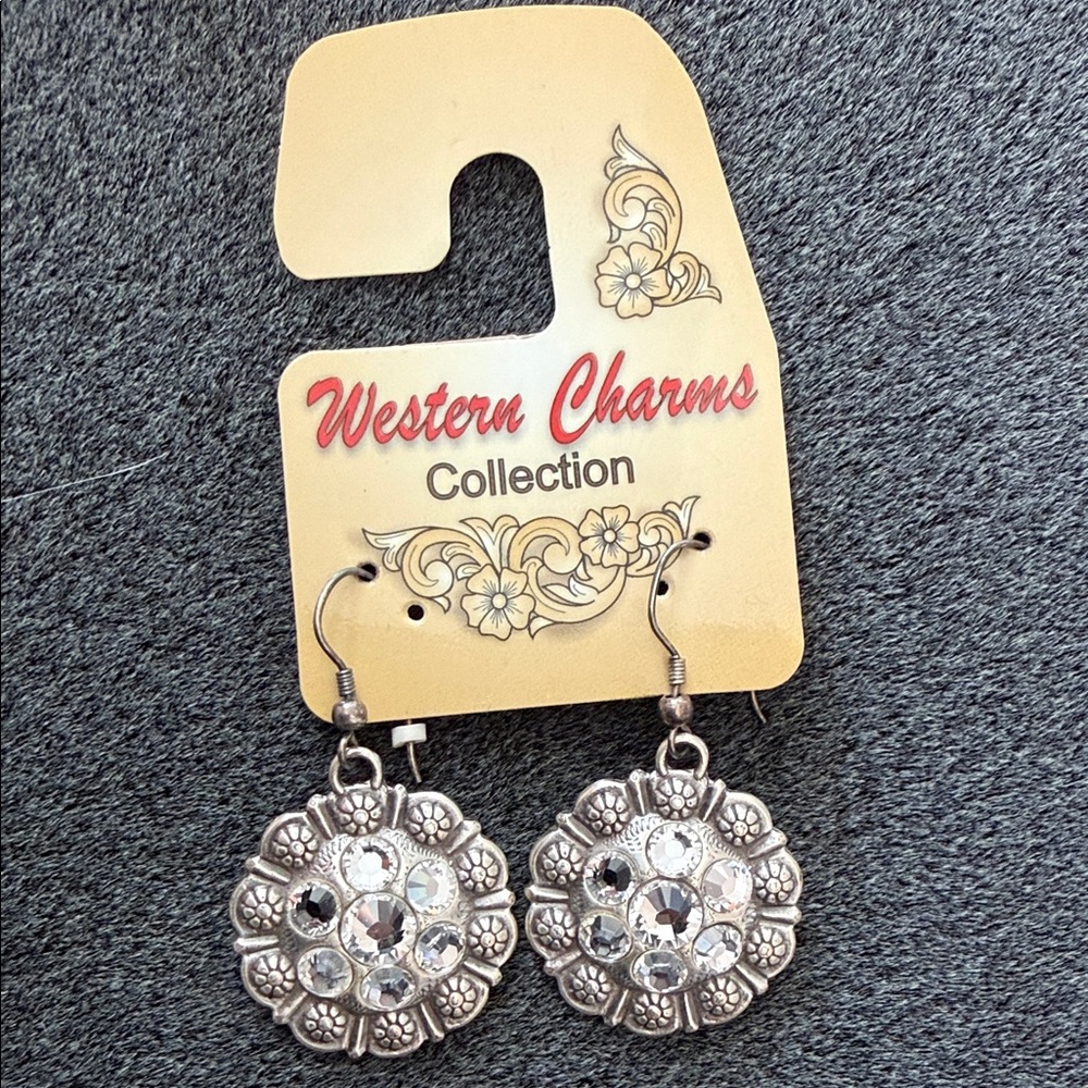 Western Charms Silver Floral Crystal Drop Earrings